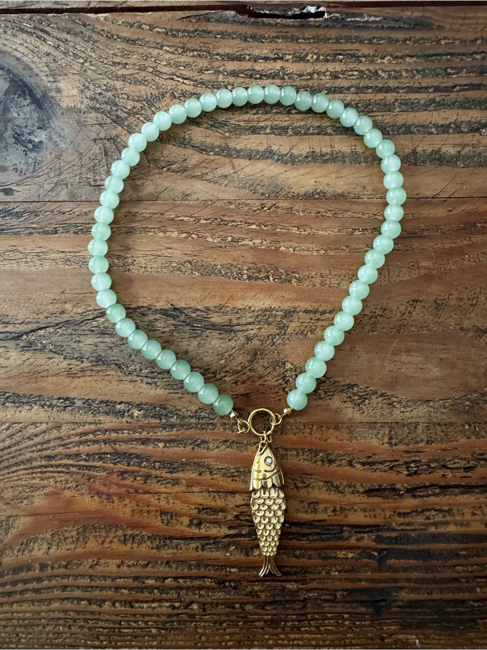 Handmade Gold Fish Charm Green Beaded Necklace - Women Jewelry